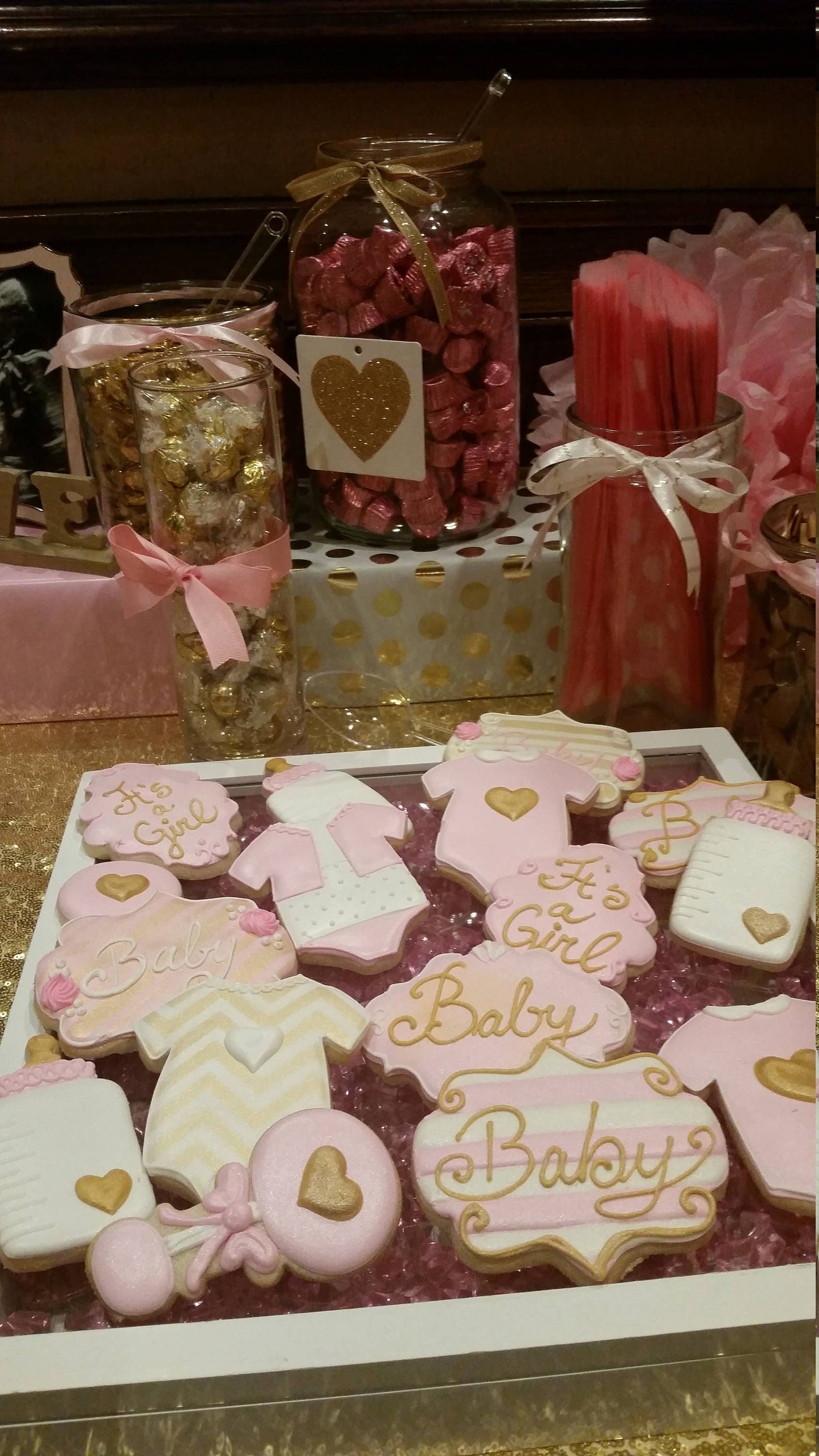 Pink and gold baby shower cookies One Dozen (12) - Ladybug bake shop