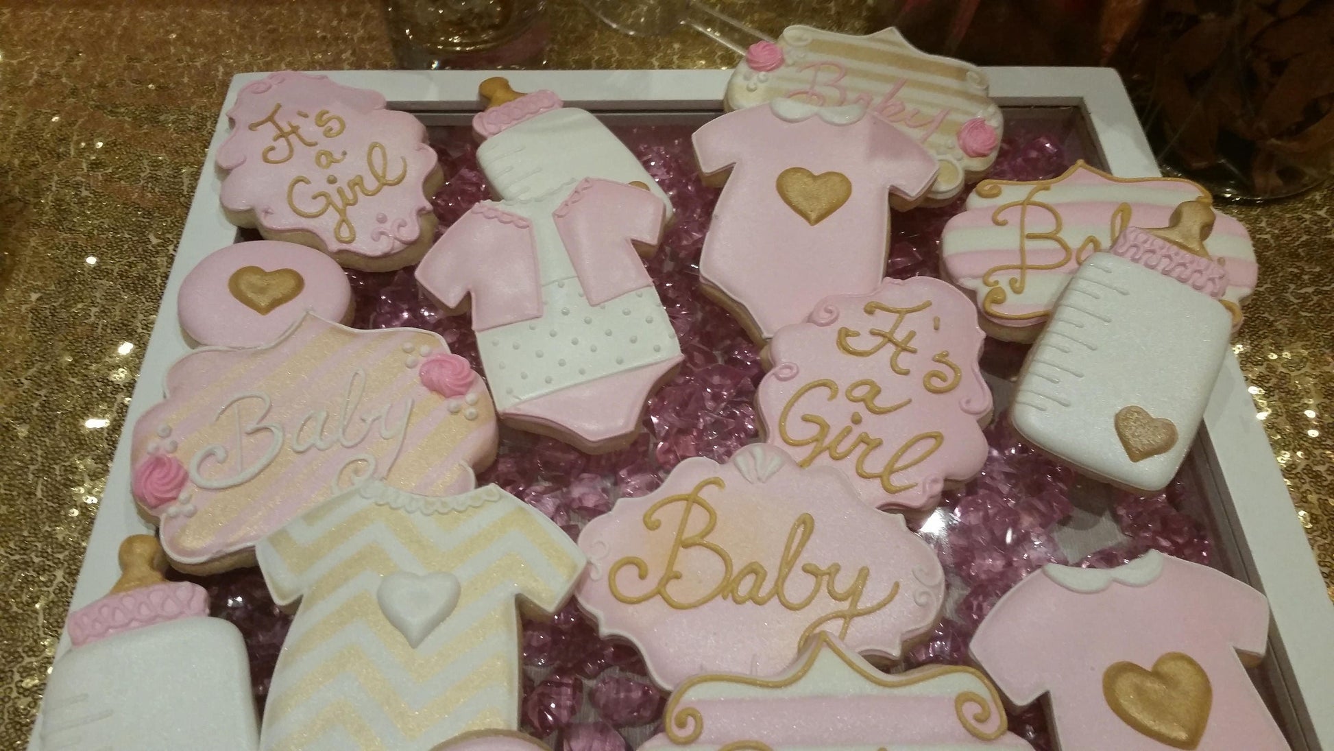 Pink and gold baby shower cookies One Dozen (12) - Ladybug bake shop